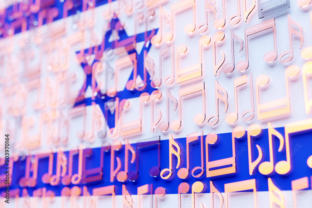 Fototapeta premium Musical notes lined up in even rows against the backdrop of the National Flag of Israel.. The concept of the national anthem, music. 3D illustration