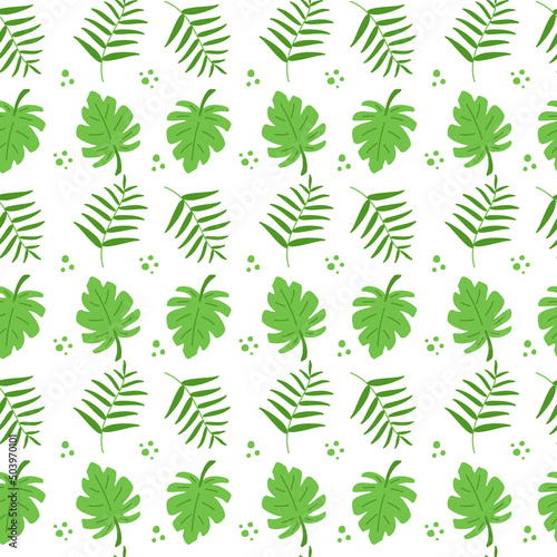 Palm leaf and monstera leaf seamless pattern. Exotic tropical pattern background. Wrapping paper fabric design.