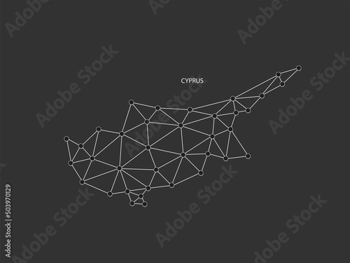 Cyprus Map Point scales on black background. Wire frame polygonal network white line, dot and shadow dot.