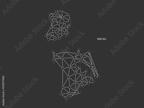 Macau Map Point scales on black background. Wire frame polygonal network white line  dot and shadow dot.