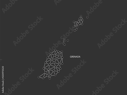 Grenada Map Point scales on black background. Wire frame polygonal network white line, dot and shadow dot.