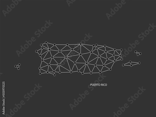 Puerto Rico Map Point scales on black background. Wire frame polygonal network white line, dot and shadow dot.