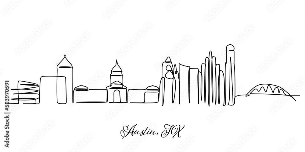 Single continuous line drawing of Austin Texas. Famous city skyscraper landscape. World travel postcard home decor wall art poster print concept. Modern one line draw design vector illustration
