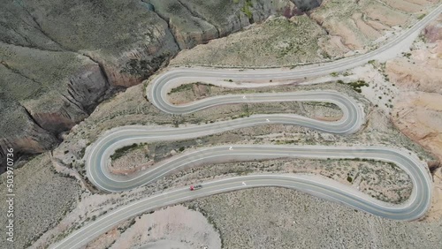Drone Aerial View Of The Winding Road With Many Hairpin Turns On The Hillside photo