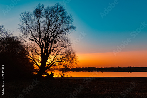Beautiful sunset with reflections near Mettenufer  Danube  Bavaria  Germany