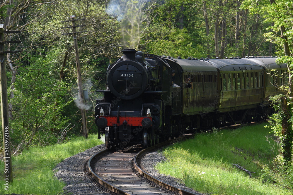 an Ivatt class 4 steam locomotive traveling through an English forest an Ivatt class 4 steam locomotive traveling through an English forest
