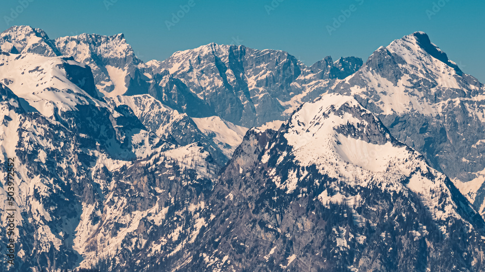 Beautiful winter view at the famous Rofan summit, Maurach, Achensee, Tyrol, Austria