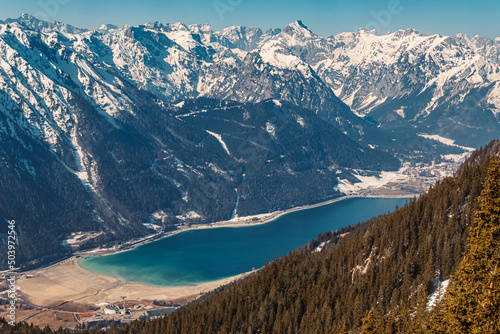 Beautiful winter view at the famous Rofan summit, Maurach, Achensee, Tyrol, Austria