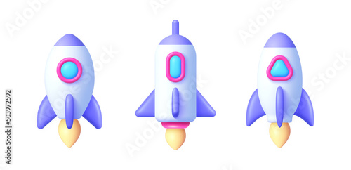 Modern realistic set with rocket 3d. Space futuristic creative design. Spaceship launch. Creative concept idea design. Logo design. Vector illustration