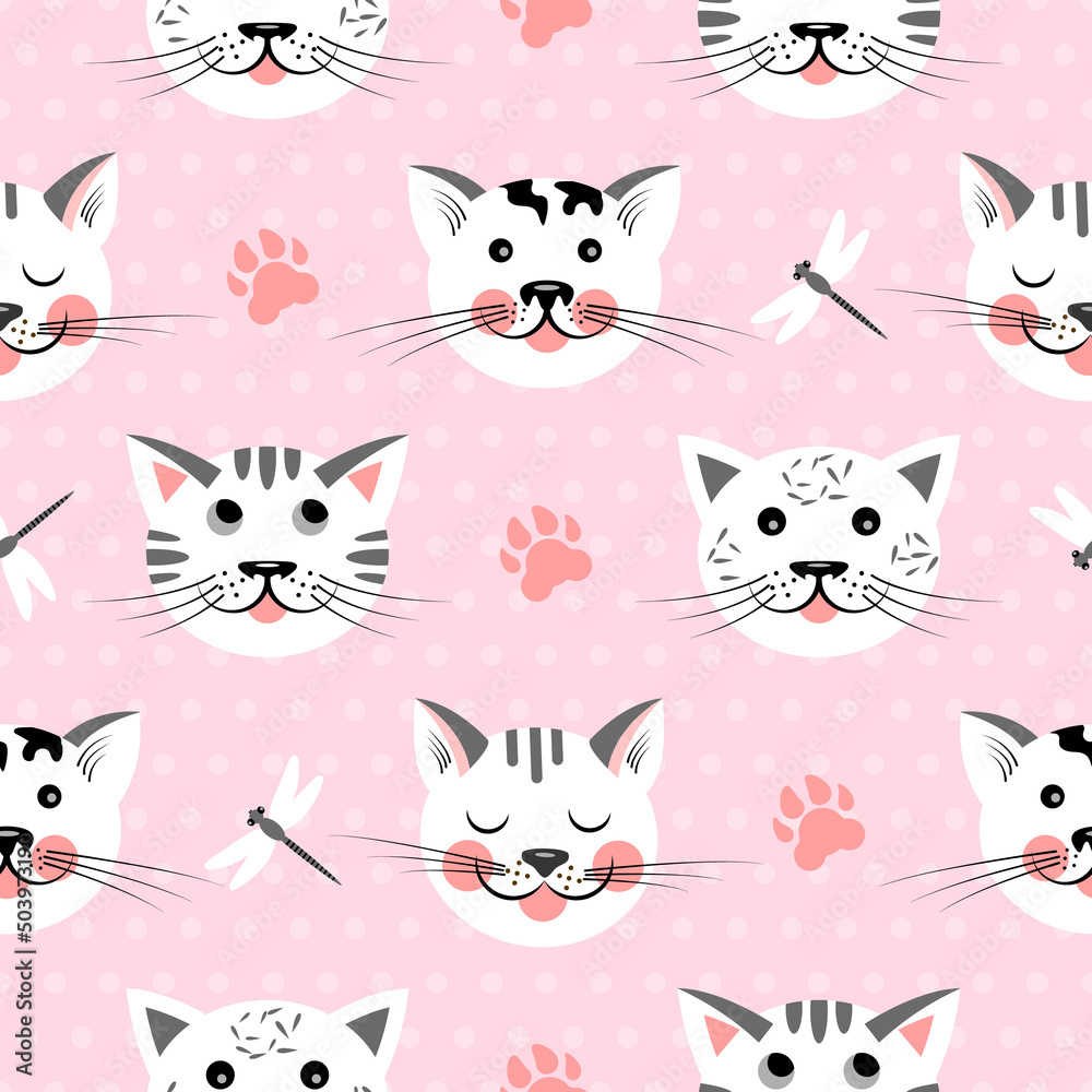 Vector seamless pattern with cute cats. Modern background with funny kittens, dragonflies and paw prints. Repeating pattern with kitten's head. Wallpaper with pets for children's textiles.
