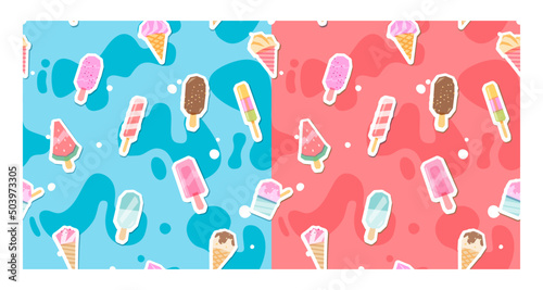 Cartoon Ice cream colorful background.  Fruit ice desserts, Blended overprint technique design. 

