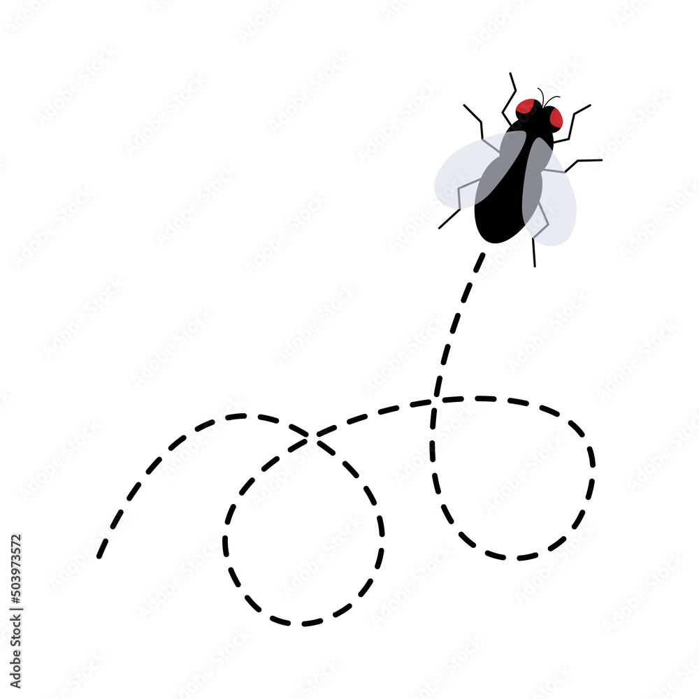 Flies icon. Fly insect flying on dotted route. Vector illustration isolated  on white background. Stock Vector