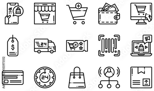 Set of Vector Icons Related to Ecommerce. Contains such Icons as Online Shopping, Delivery Car, Online Marketing, Wallet, Affiliate Marketing, Shop and more.