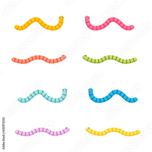 Worms character set. Colorful cartoon earthworms collection. Cute child snakes isolate on white background. Vector illustration.