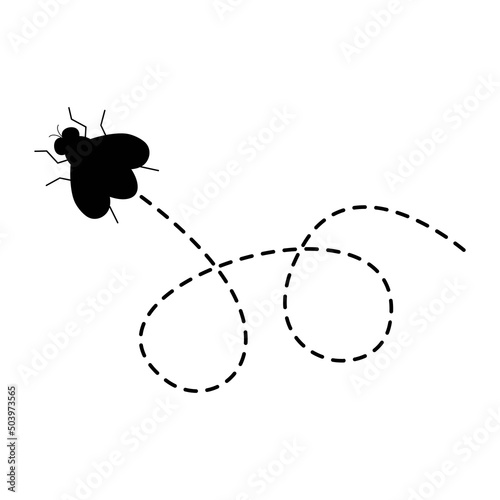 Flies icon. Fly insect silhouette flying on dotted route. Vector illustration isolated on white background.