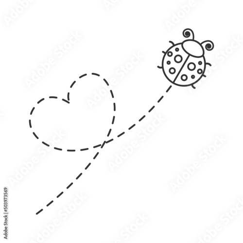 Ladybug with heart shape. Cute ladybird with dotted line route. Vector illustration isolated on white.