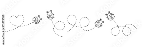 Line ladybug icon set. Ladybugs flying on dotted route. Vector isolated on white background.	