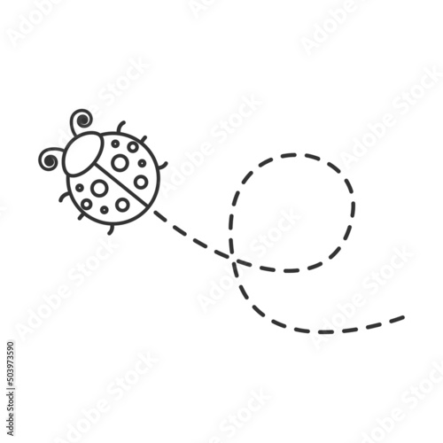 Ladybug line icon. Ladybird flying on a dotted route. Vector illustration isolated on white background.