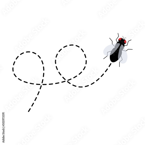 Flies icon. Fly insect flying on dotted route. Vector illustration isolated on white background.