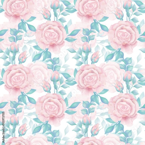 Floral seamless pattern of pink rose branches, buds, turquoise leaves, on a white background