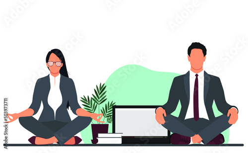 Office woman and man meditating sitting on the table. Office relax concept. Vector illustration