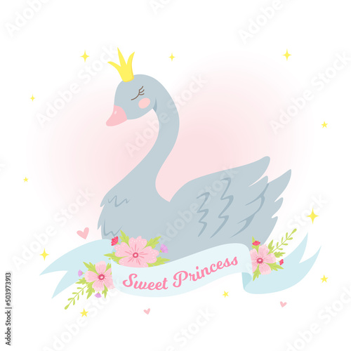 Cute princess swan with flowers, heart, ribbon and stars. Can be used for invitation, poster, greeting card. Vector illustration in cartoon style