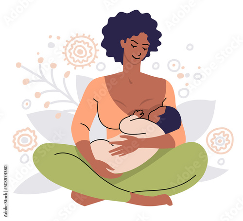 Dark skinned mom breastfeeding her newborn baby. Woman feeding infant with breastmilk. Woman sitting with folded legs on a background of plant motifs. Flat vector isolated on white background.