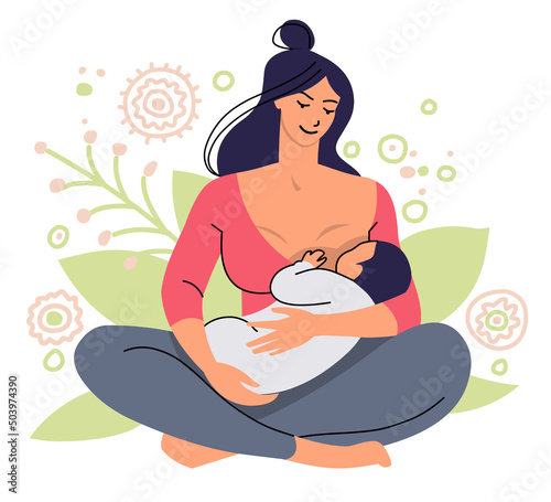 Young mom breastfeeding her newborn baby. Woman feeding infant with breastmilk. Woman sitting with folded legs on a background of plant motifs. Flat vector isolated on white background.