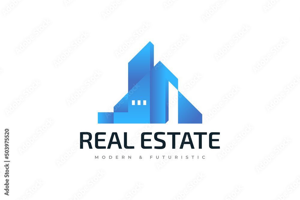 Modern and Futuristic Real Estate Logo Design. Abstract Blue Building Logo. Architecture or Construction Industry Brand Identity