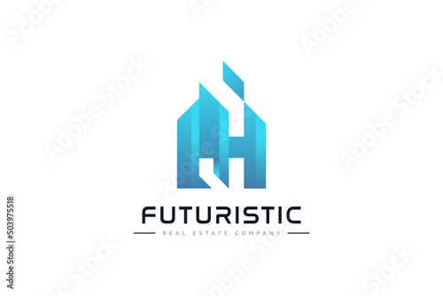 Modern and Futuristic Real Estate Logo Design. Abstract Blue Building Logo. Architecture or Construction Industry Brand Identity © WzKz