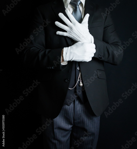 Portrait of Butler in Dark Suit Pulling on Clean White Gloves. Service Industry and Professional Hospitality.
