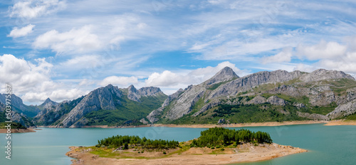 Panoramic view od reservoir in mountains of Picos de Europa. Cantabrian, Riano, province of Leon. Castile and Leon, northern Spain