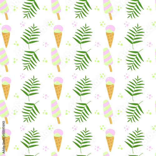 Ice cream summer dessert cute cartoon vector seamless pattern background. Hand drawn icecream popsicle and palm leaf seamless digital paper