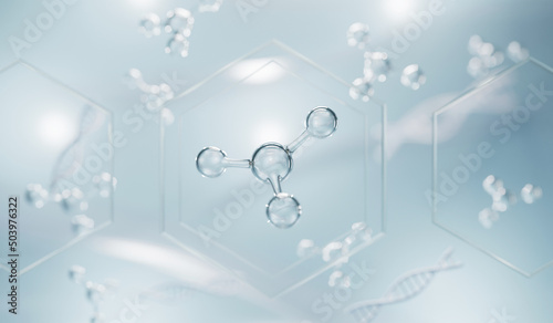 Realistic molecules background. Science illustration of a cream molecule. Hyaluronic acid skin solutions advertising, collagen serum drop with cosmetic advertising background. 3d rendering.

