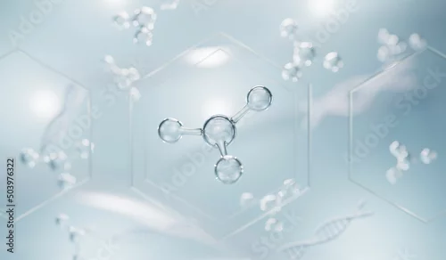 Obraz Realistic molecules background. Science illustration of a cream molecule. Hyaluronic acid skin solutions advertising, collagen serum drop with cosmetic advertising background. 3d rendering.
