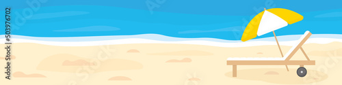 Tableau sur toile summer banner with sunbed and umbrella on the tropical beach - vector illustrati