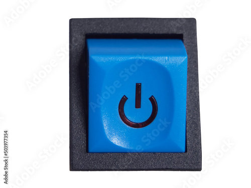 Blue power switch button isolated on white background. Power button, close-up. photo