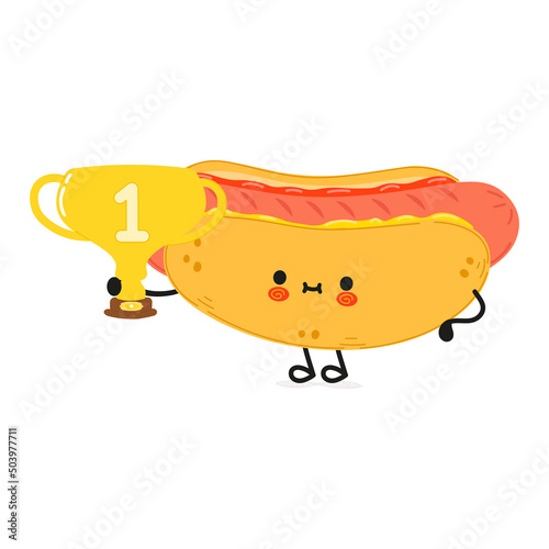 Cute funny hotdog hold gold trophy cup. Vector hand drawn cartoon kawaii character illustration icon. Isolated on white background. Happy hot dog with winner trophy cup