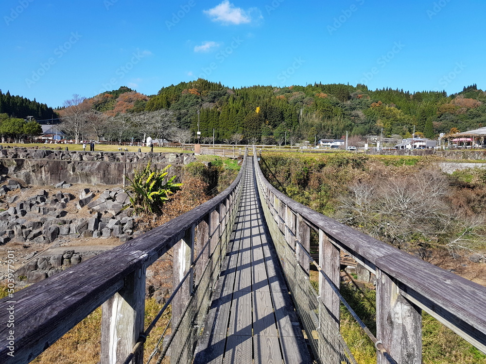 Wooden Suspension Bridge above the Ogata River at Harajiri Falls