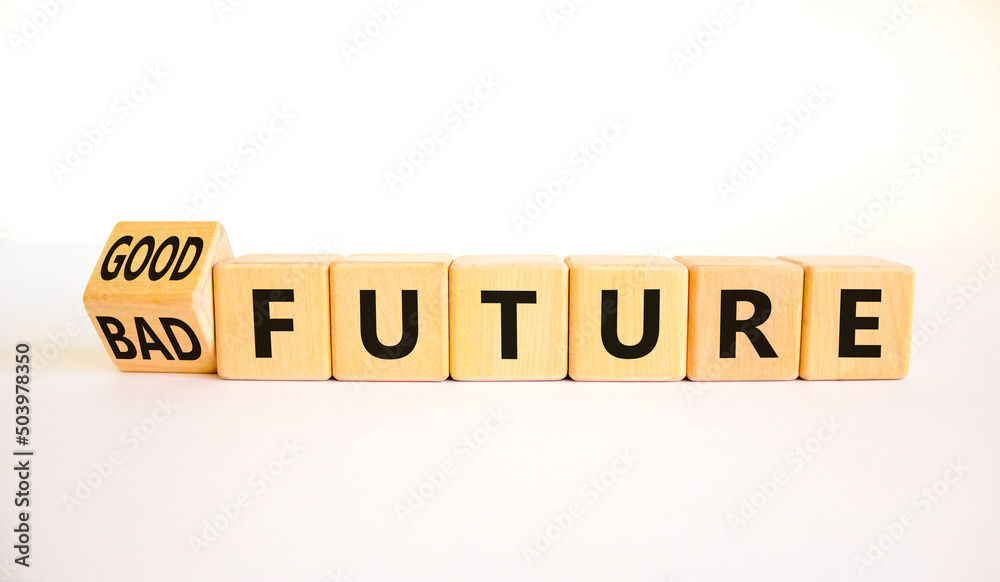 Good or bad future symbol. Turned wooden cubes and changed concept words Bad future to Good future. Beautiful white table white background, copy space. Business bad or good future concept. Good or bad future symbol. Turned wooden cubes and changed concept words Bad future to Good future. Beautiful white table white background, copy space. Business bad or good future concept.