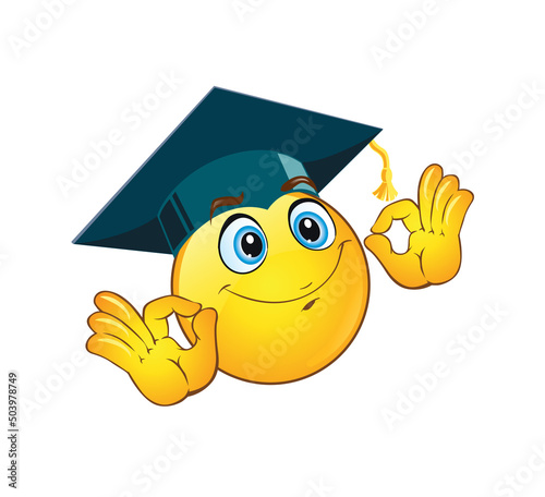 Funny positive emotiñon in school graduation cap. Vector on transparent background