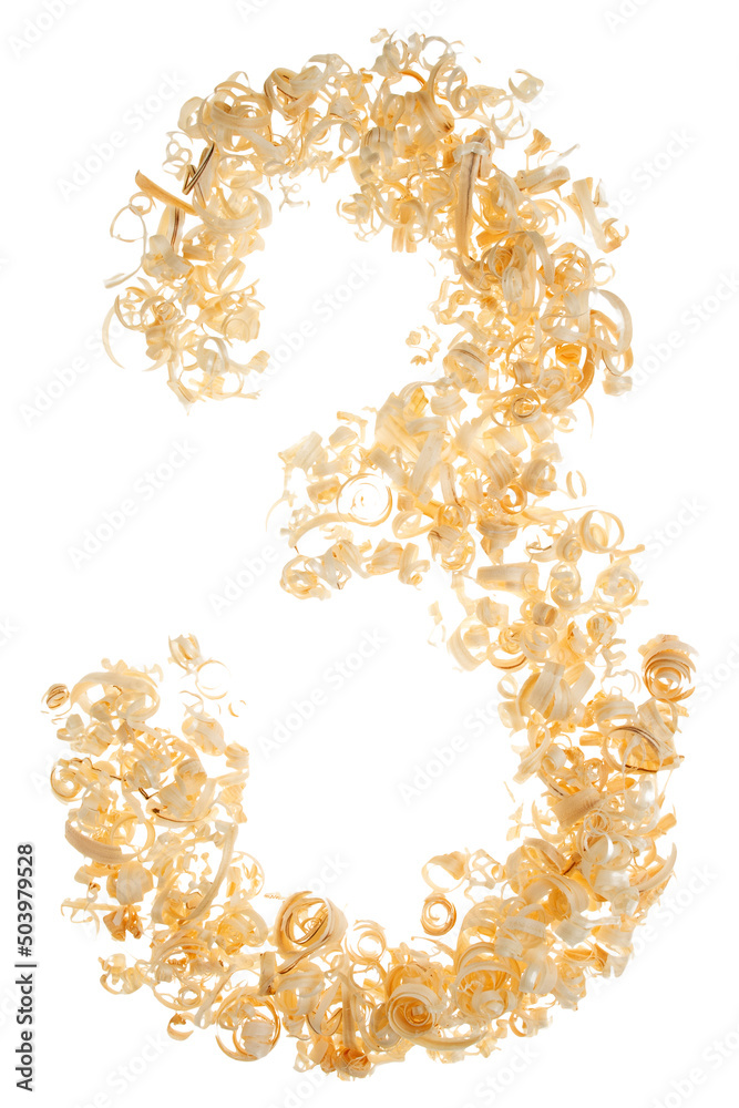 Number three 3 made of wooden sawdust on a white isolated background