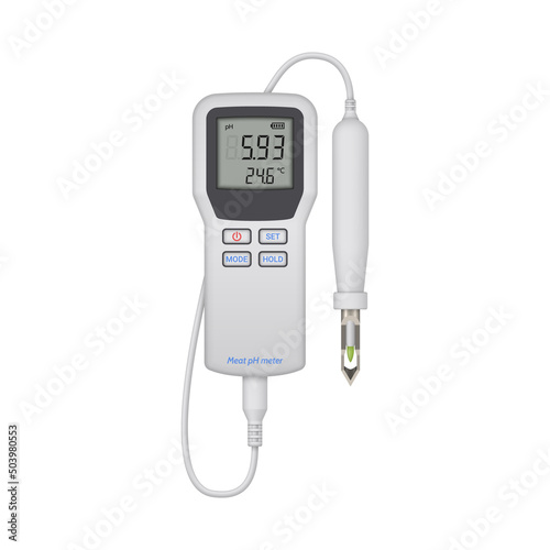 pH tester for meat. Device for analyzing the pH level in meat. Vector illustration.