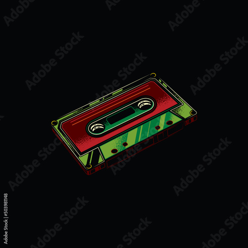 Stylish, original vector illustration in neon style. Vintage music cassette with magnetic tape. 