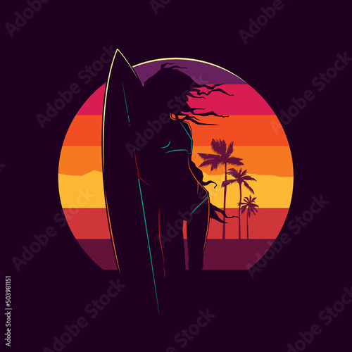 Original vector illustration in vintage style. A girl with a surfboard on the background of a retro sunset, mountains and palm trees. T-shirt Design
