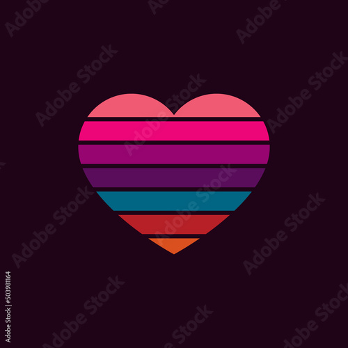 Vintage neon sunset in the shape of a heart, in the style of the 80s. Vector background. A design element.