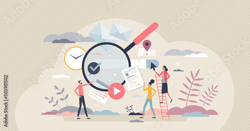 Searching information and info search engine on browser tiny person concept. Internet network data research and results display process vector illustration. SEO tool and find analysis help instrument.
