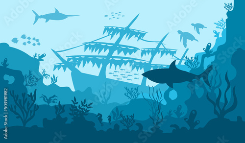 underwater world. Coral reefs. Tropical sea with water mimicry and its inhabitants. Silhouette of fish. Vector.