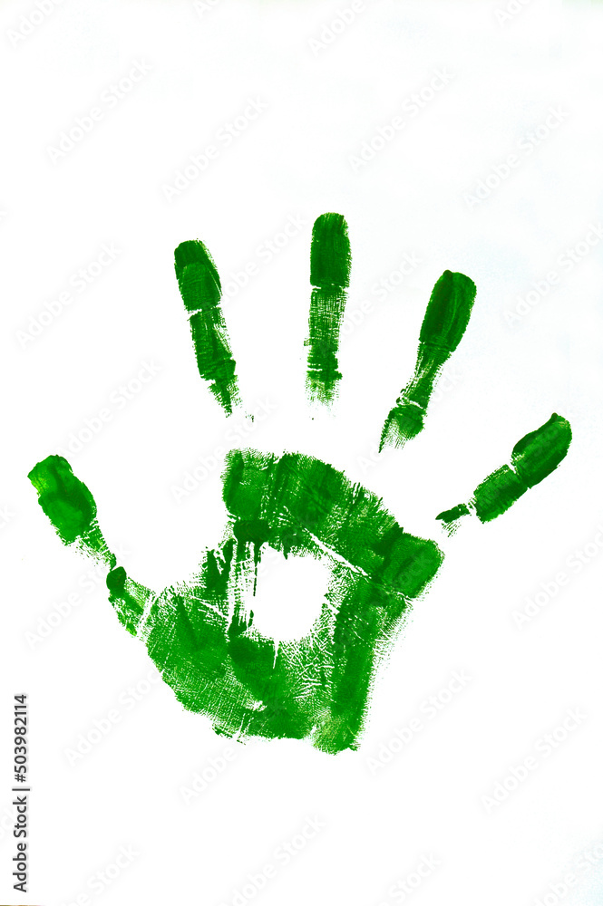 Palm print in green gouache on paper