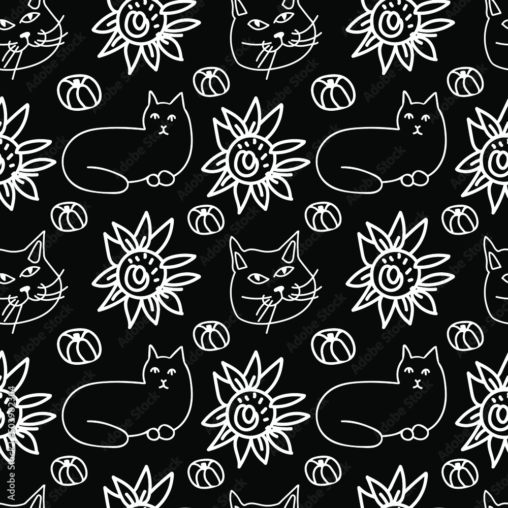 Naklejka premium Vector seamless Halloween pattern with white line on black background.Festive,modern,horror,mystical print in doodle style.Designs for wrapping paper, packaging,cards,notebook covers,textiles,fabric.